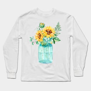 Sunflowers, Mason jar, sunflower bouquet, watercolor, watercolor sunflowers Long Sleeve T-Shirt